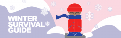 Banner image for Ithaca Winter Guide, cartoon figure with snowflakes, snowdrifts, and the words "Winter Survival Guide"